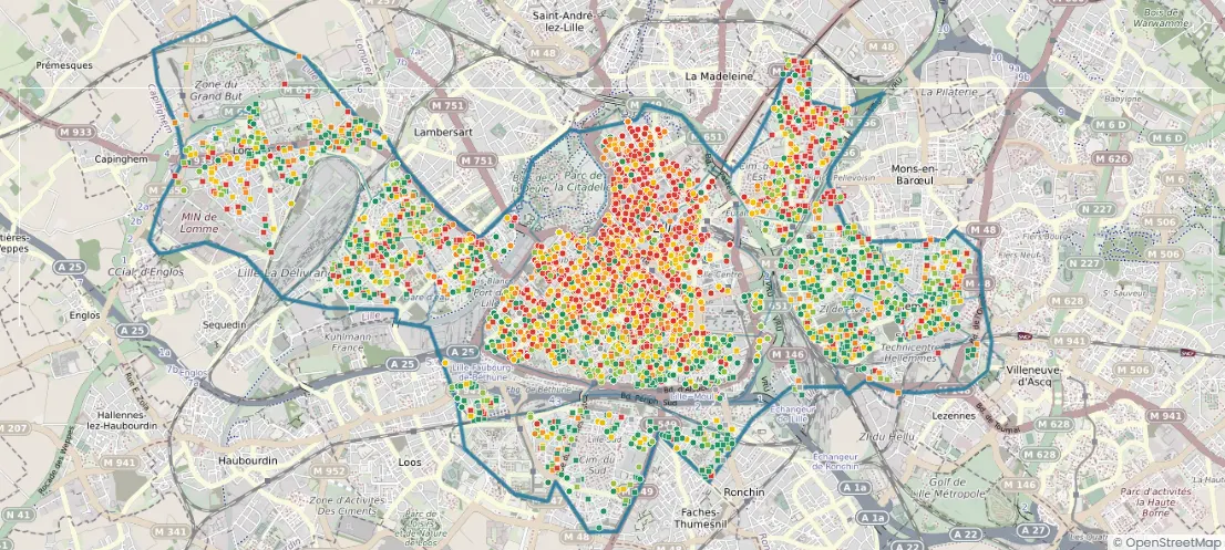 Carte des ventes immobilières de Lille : chaque point est une vente, du vert (moins cher) au rouge (plus cher)
